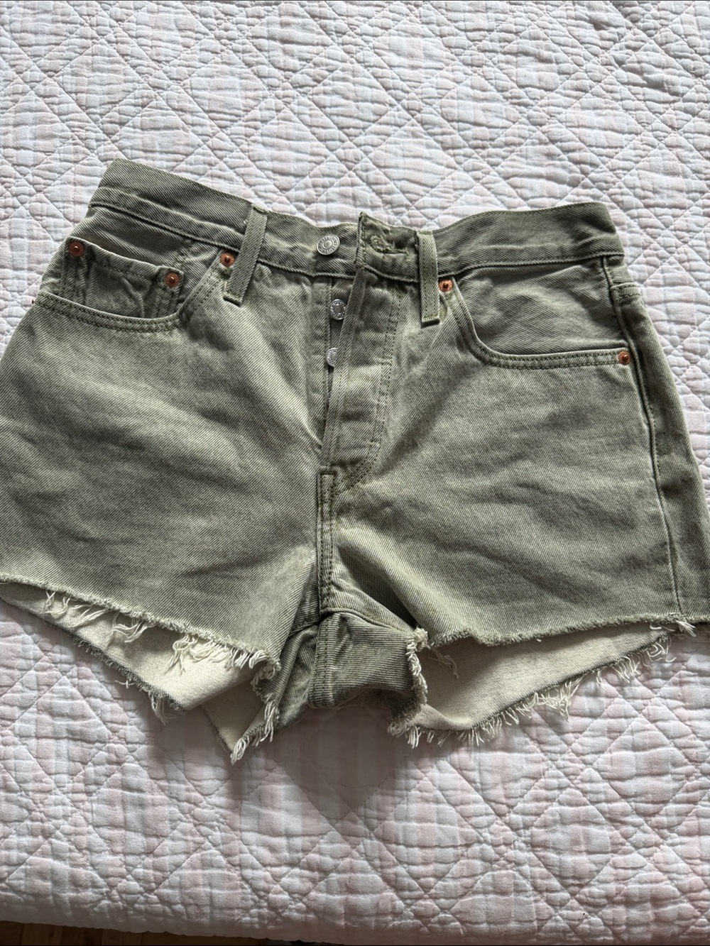 Levi's Olive Green Denim Cutoff Shorts with Frayed Hem